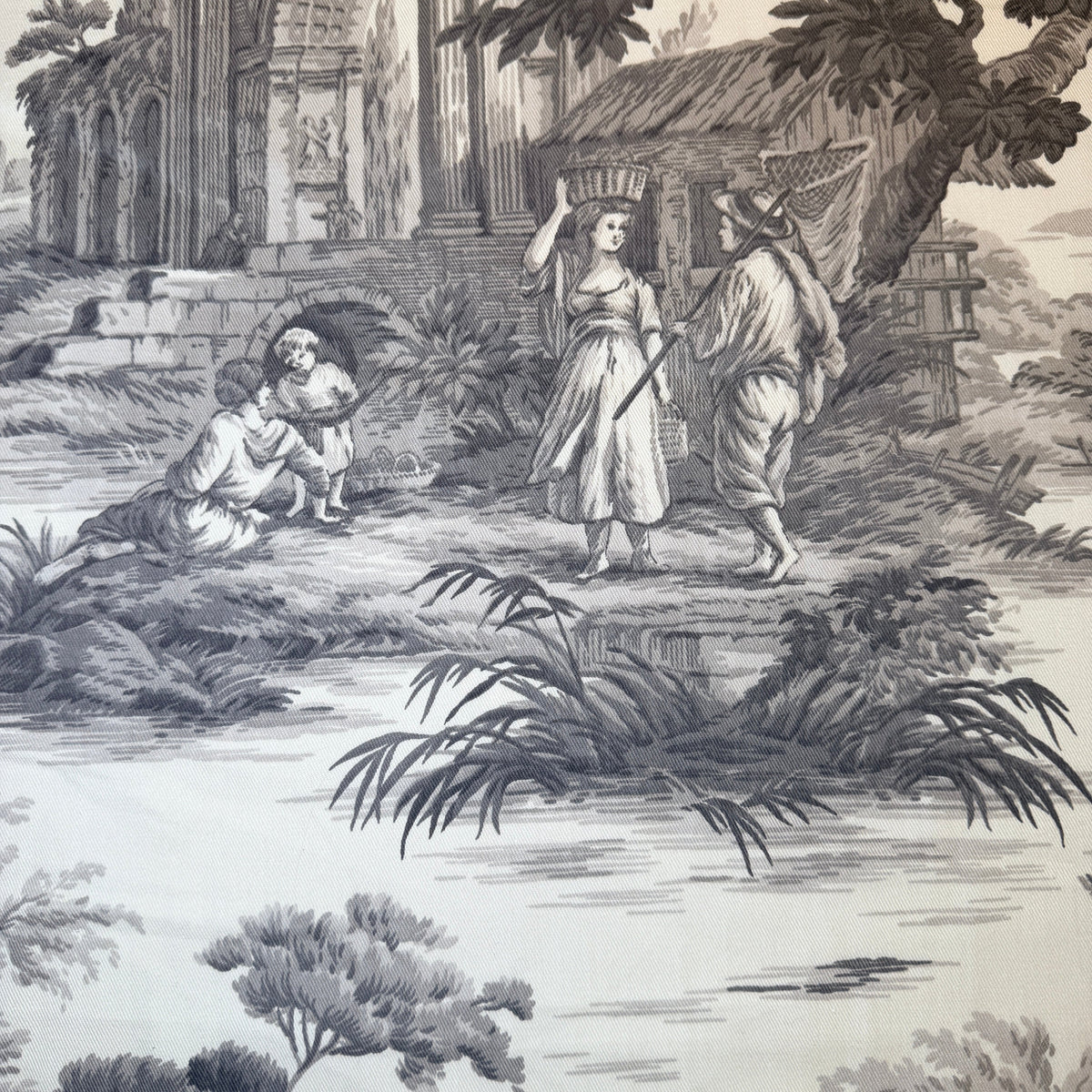 Sepia toile de Jouy fabric with a pastoral river scene