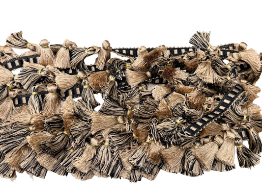 Cream & Black Striped Tassel Fringe Trim | ~2 Yards