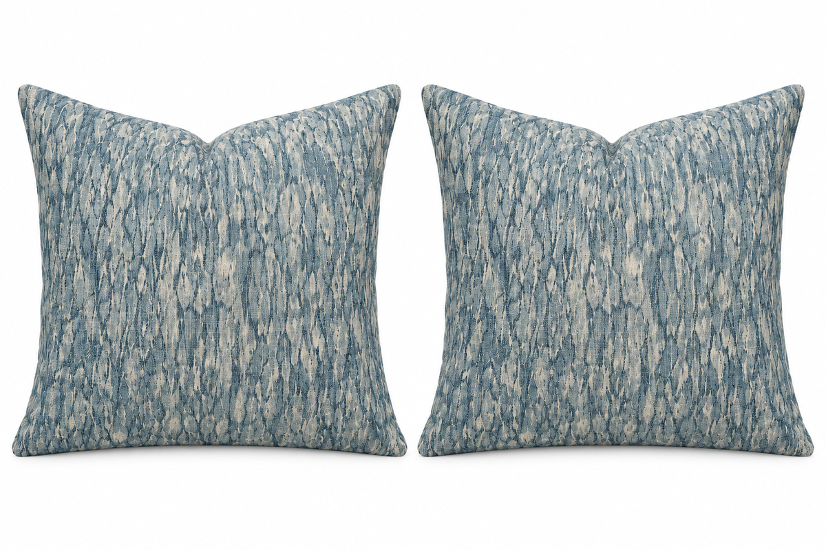 Pair of blue and ivory 18 x 20-inch knife-edge pillows in Jeffrey Allan Marks for Kravet fabric