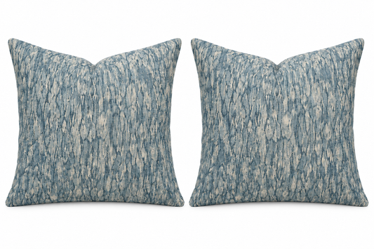 Pair of blue and ivory 18 x 20-inch knife-edge pillows in Jeffrey Allan Marks for Kravet fabric