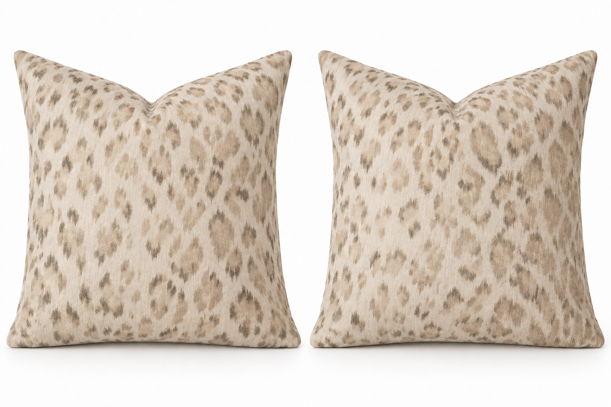 Mini leopard pillow pair visualization in warm ivory and taupe
