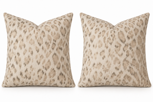 Mini leopard pillow pair visualization in warm ivory and taupe
