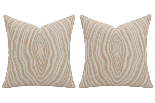 Pair of neutral woodgrain 18 x 20-inch knife-edge pillows in Jaclyn Smith Home for Trend fabric